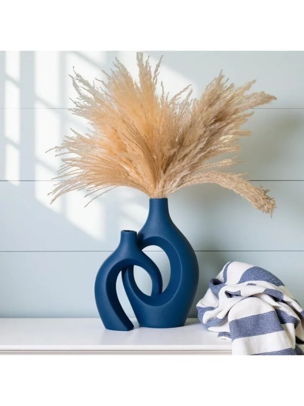 Navy Blue Hollow Ceramic Vase Set Of 2 Boho Tabletop Table Living Room Home Dec